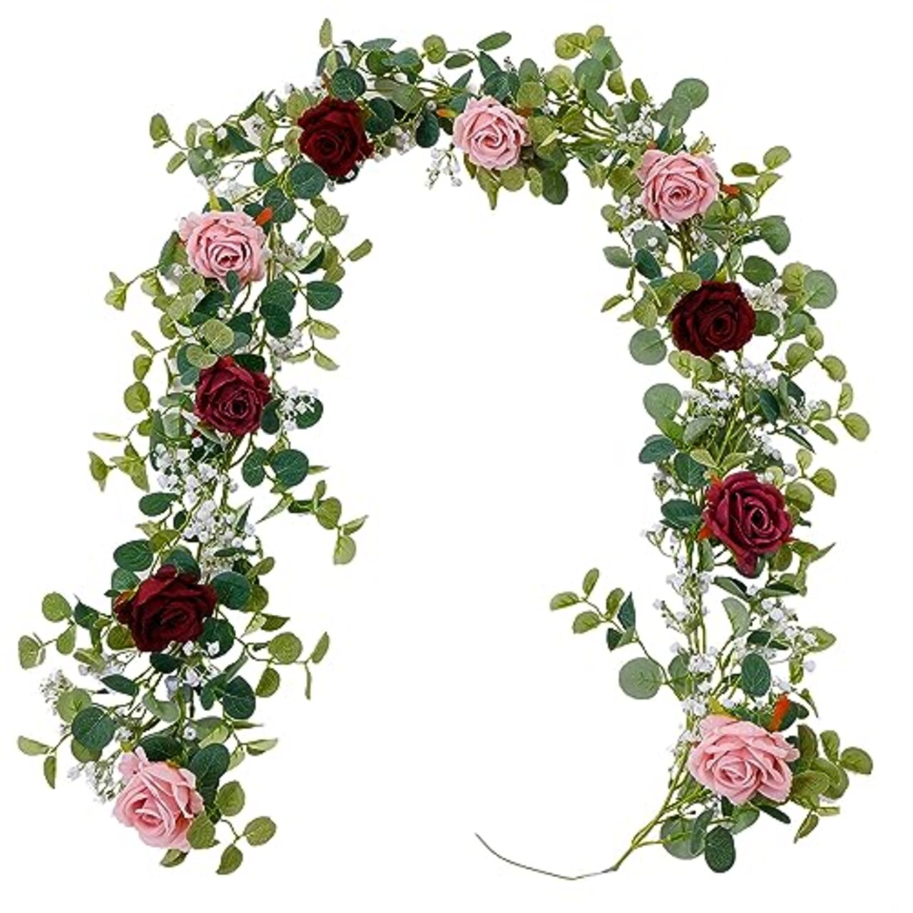 Anna's Whimsy 5.91FT Artificial Eucalyptus Garland with Flowers, Fake Rose Gypsophila Garland, Faux Floral Garland Greenery Garland for Wedding Home Party Craft Art Table Runner Decor (Dusty Pink, 1)